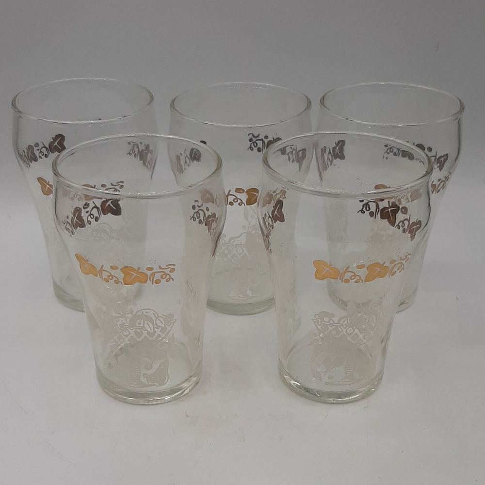 Vintage Dominion Glass Juice Glasses White & Gold Print 3 7/8" Rare Set of 5